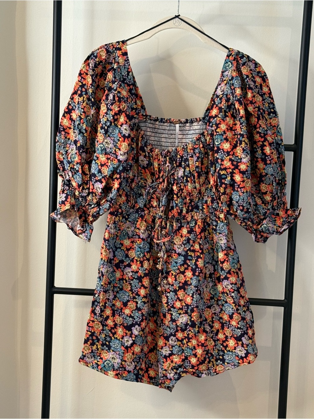 Free People Navy Floral Puff Sleeve Romper with Smocked Bodice